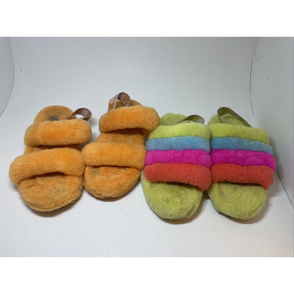 UGG‎ Australia Fluff Yeah Slide Sandals Women's Sz 4 Bundle Of 2 Green + Orange